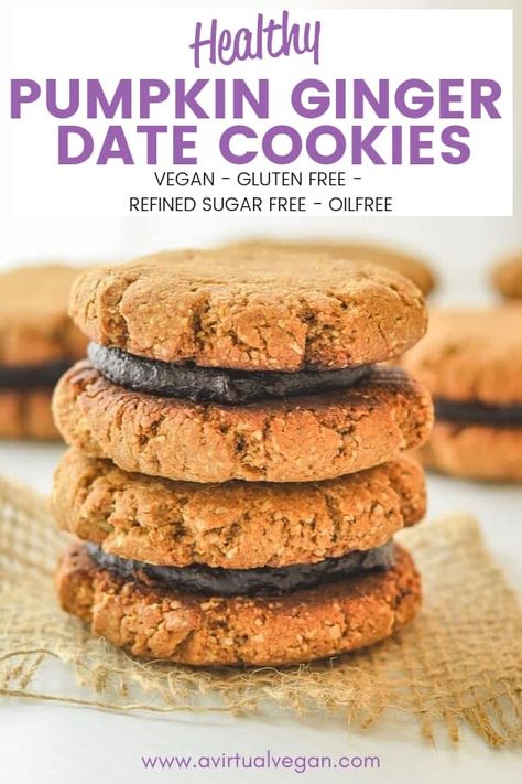 Perfectly tender & slightly chewy, these date-sweetened, super Healthy Pumpkin Ginger Date Cookies are perfect for snacking, refuelling or for when you want a healthier dessert. Pumpkin And Dates Recipe, Pumpkin Date Recipes, Date Sweetened Cookies, Date Sweetened Desserts, Pumpkin Cookies Healthy, Buah Tin, Dessert Pumpkin, Weight Watcher Desserts, Date Cookies