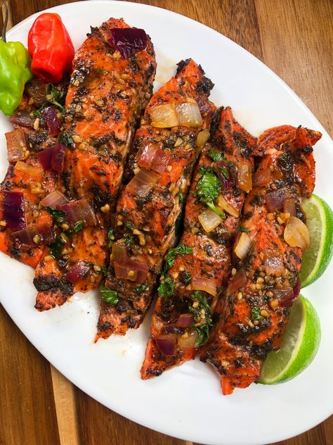 Carribean Salmon, Honey Jerk Salmon Recipe, Jamaican Jerk Salmon Recipe, Jerk Potatoes, Caribbean Salmon, Honey Jerk Salmon, Jerk Salmon Recipe, Jerk Fish, Jerk Recipes