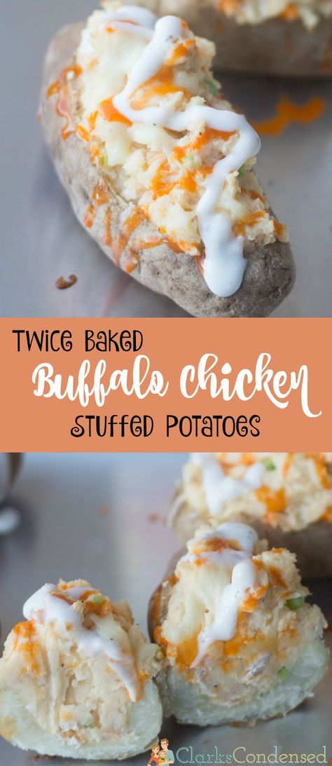 These twice baked buffalo chicken stuffed potatoes are to DIE for! They are tangy, filling, and so easy to make.  #ad #MomsWingMan Chicken Stuffed Potatoes, Sour Cream Ranch Dressing, Buffalo Chicken Bites, Stuffed Potatoes, Potato Side Dish, Advocare Recipes, Baked Buffalo Chicken, Potato Skin, Fast Dinner Recipes