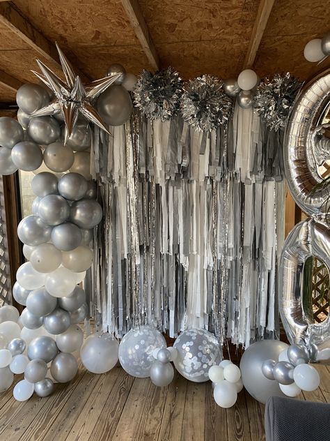 Celebrating a 60th birthday; silver instead of gold Silver And Gray Birthday Theme, Gold And Silver Birthday Theme, Silver And White Birthday Party Decor, Silver Party Ideas, Silver Fringe Backdrop, Silver Themed Birthday Party, Silver Streamers, Silver 21st Birthday, Bling Birthday Party