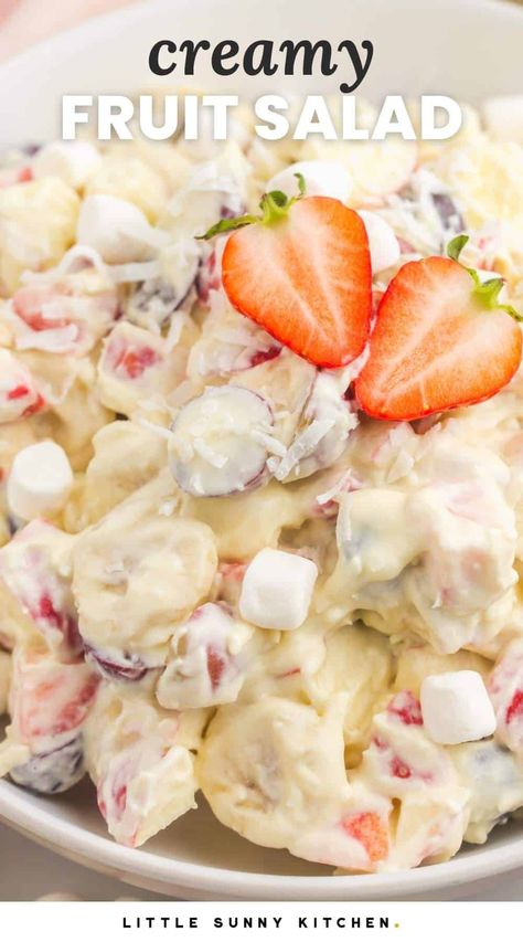 A creamy fruit salad with whipped cream, marshmallows, and coconut is a sweet dessert or side dish that everyone will love! Coconut Cream Fruit Salad, Creamy Fruit Salad Recipe, Whipped Cream Fruit Salad, Fruity Salads, Fruit Salad With Cream, Fruit Salad With Whipped Cream, Thieves Blend, Cream Fruit Salad, Creamy Fruit Salad