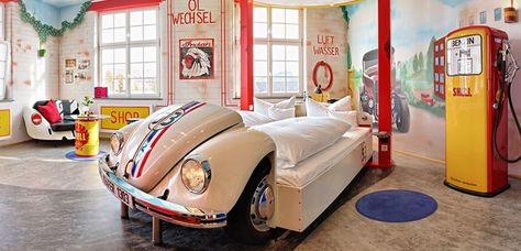 A special tour of one of the world's most unusual hotels, the V8 Hotel in Germany, where you can spend the night in a car bed. Underwater Bedroom, Car Themed Rooms, Themed Hotel Rooms, Theme Hotel, Unusual Hotels, Stuttgart Germany, Car Bed, Luxury Amenities, Unique Hotels