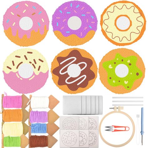 PRICES MAY VARY. 🍩【Punch Needle Kit】The punch needle yarns with sorts of colors are made of high quality cotton, soft and comfy, bright color and sturdy, soft to touch and comfy, not easy breakage, snapping and fading, enough colors yarn allowing you to have no worries to carry out your craft work. 🍩【Unique Donut Design】There are 6 different patterns on these abstract landscape painting easy embroidery kits for beginners and detailed instruction manual is included, which can help beginners to Punch Needle Designs Free Pattern, Landscape Painting Easy, Diy Coaster, Punch Needle Coasters, Donut Design, Coaster Art, Punch Needle Kits, Needle Kit, Easy Embroidery