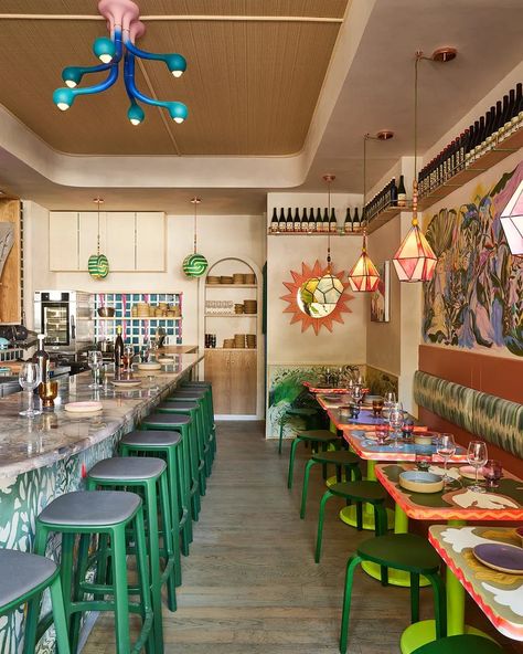 A West Village wine bar. Cafe Wine Bar, Mexican Cafe, Floral Murals, Wine Bar Design, Mexican Restaurant Decor, Stained Glass Floral, Built In Bunks, Nyc Bars, Mexican Kitchens