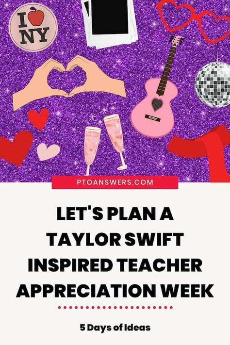 Teacher Appreciation From Classroom, Teacher Appreciation Gifts Taylor Swift, Taylor Swift Inspired Teacher Gifts, Teacher Appreciation Eras Theme, In My Teacher Era Teacher Appreciation, Swiftie Teacher Gifts, Eras Teacher Appreciation Week, Taylor Swift Themed Teacher Appreciation Week, Teacher Appreciation Taylor Swift Theme