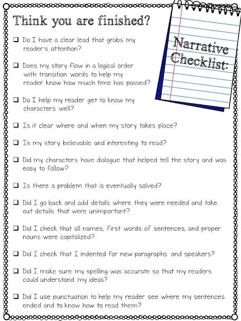 Story Writing Checklist, Narrative Writing Checklist, Teaching Narrative Writing, Narrative Writing Prompts, Writing Organization, Personal Narrative Writing, 5th Grade Writing, Writing Checklist, 3rd Grade Writing