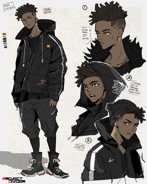 Male Character Design Cyberpunk, Black Hair Styles Drawing Male, Drip Anime Characters, Black Characters Design Male, Cyberpunk Oc Male Black, Cyberpunk Cityscape Art, Anime Character Design References Guys, Black Anime Characters Oc, Black Character Art Male