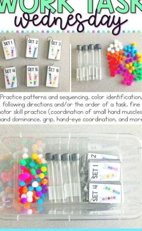 Asd Task Bins, Fine Motor Special Education, Diy Put In Tasks, Morning Work For Special Education, Addition Task Boxes, Special Education Preschool Centers, Special Ed Task Boxes Ideas, Work Skills For Special Ed, Montessori Special Education