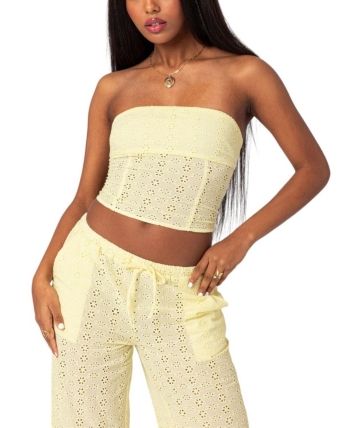 Edikted Lemon Lacey Cotton Corset Slim Fit Cargo Pants, Crop Tube Top, Cotton Corset, Eyelet Fabric, Summer Plans, Yellow Top, Cropped Tube Top, Kids Swimwear, Eyelet Lace