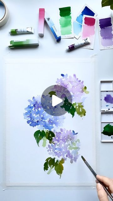 F a r a h on Instagram: "Any Hydrangea lovers here? 💜💙🩵💚  Watercolors by @artistrybyaltenew   #watercolor #hydrangea ©️paintstobrushes" How To Paint Watercolor Hydrangeas, Water Colour Hydrangea, Watercolour Hydrangea Tutorial, Hydrangea Watercolor Step By Step, Watercolor Hydrangea Tutorial, Hydrangea Painting Watercolors, Watercolor Hydrangea Step By Step, Hydrangea Watercolor Painting, Watercolor Flower Tutorial