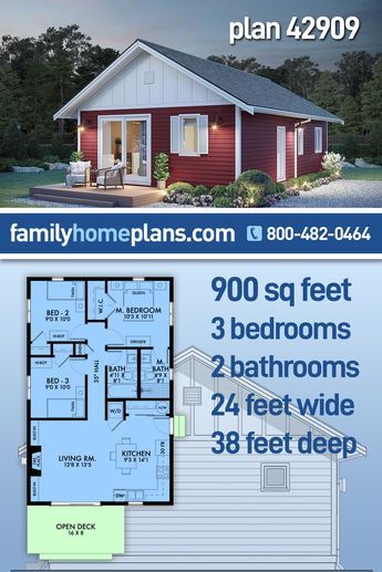 With 4 simple corners, this small house plan is an affordable build. The outside dimensions will fit anywhere because the width is 24' and the depth is 38'. Enter the front door and drop your bag in the coat closet and the groceries on the kitchen counter. How convenient! The kitchen table works for dining and preparing meals. 900 sq ft, 3 bedrooms and two baths means that your small family has all they need. Great guest house, vacation home or empty nest home. #smallhouseplan 3 Bedroom 900 Sq Ft House Plans, 900 Sq Ft Cottage, Simple Tiny House Plans, Basic House Floor Plan, 1 000 Sq Ft House Plans 3 Bedroom, Small Cabin Plans 3 Bedroom, Tiny House Design Floor Plans 3 Bedroom, Tiny 3 Bedroom House, 3 Bedroom Adu Plans