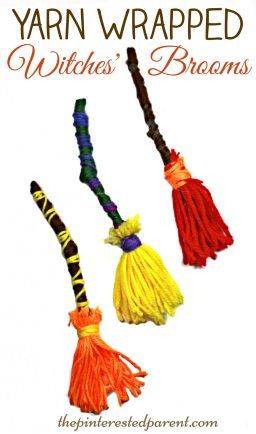 Yarn wrapped witches' brooms crafts for Halloween. A great fine motor skill activity and kid's crafts. Arts & craft for preschoolers. Motor Skill Activity, Halloweenpyssel Barn, Crafts For Halloween, Veselý Halloween, Witches Brooms, Craft For Preschoolers, Pagan Crafts, Casa Halloween, October Crafts