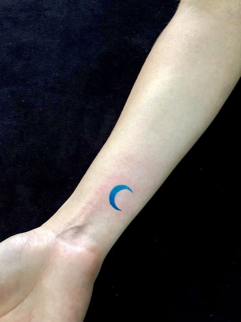 Moon Wrist Tattoo, Moon Tattoo Wrist, Blue Moon Tattoo, Crescent Moon Tattoo, Dot Tattoos, Red Ink Tattoos, Sun Tattoo, Wrist Tattoo, White Tattoo