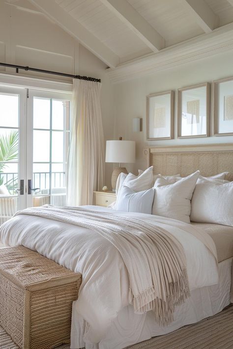 40 Neutral Bedroom Ideas To Create a Chic Retreat Neutral Southern Bedroom, Master Bedrooms All White, Neutral And White Bedroom, Bedroom Ideas Calming, Coastal Farmhouse Bedroom Ideas, Manchester Flat, Neutral Coastal Bedroom, Coastal Farmhouse Bedroom, Boho Farmhouse Bedroom