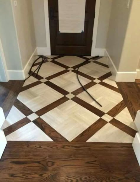 Tile Floor With Wood Border, Wood With Tile Flooring, Tile Floor Inlay, Herringbone Wood Ceiling Ideas, Wood Floor With Carpet Inlay, Wood And Stone Flooring Combination, Foyer Tile Ideas Entryway Farmhouse, Entrance Way Flooring Ideas, Classic Flooring Ideas