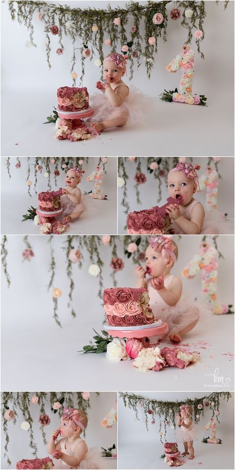 Floral Smash Cake Pictures, Rose Cake Smash, 1st Birthday Floral Theme, Smash Cake Girl 1st Birthday Ideas, First Birthday Indoor Photoshoot, 1st Birthday Girl Cake Smash, Cake Smash Baby Girl, Floral First Birthday Photoshoot, Baby Girl Smash Cake Ideas