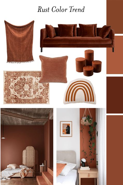 rust color interior trend mood board | SampleBoard Blog Rust Color Decor Living Room, Rust Coloured Living Room, Burnt Orange Decor Living Room, Rust Color Palette Living Rooms, Terracotta Living Room Ideas, Rust Sofa Living Room, Rust Paint Color, Terracotta Living Room Decor, Rust Room