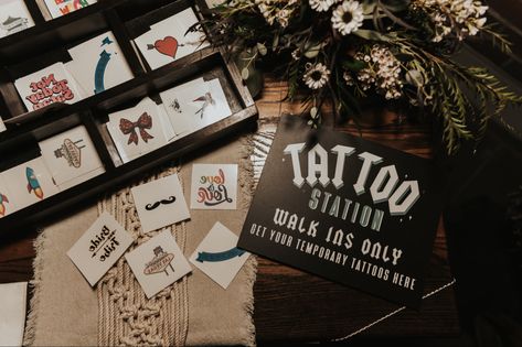 Wedding Tattoo Station Sign, Tattoo Bar At Wedding, Tattoo Booth Wedding, Tattoo Shop Wedding, Temporary Tattoo Bar Wedding, Tattoo Wedding Theme, Tattoo Themed Wedding, Tattoo At Wedding, Wedding Temporary Tattoo Station