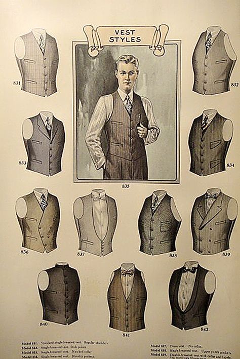 Plate from 1927 J.L. Taylor men's fashion catalogue. Fabulous selection of tailored vests for any style combination. Double Breasted style for Weisskopf. Gentleman Mode, Era Victoria, Áo Blu, Stil Masculin, Istoria Artei, Gilet Costume, Mode Masculine, Fashion Catalogue, Old Fashion