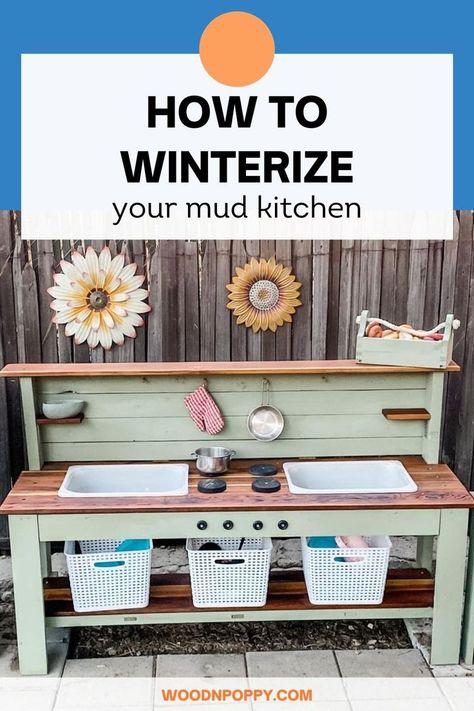 Upcycle Mud Kitchen, Mud Kitchen Measurements, Palette Mud Kitchen Diy, Mud Kitchen Storage, Painted Mud Kitchen, Mud Table For Kids, Pallet Mud Kitchen Diy, Mud Kitchen With Water, Mud Kitchen Plans