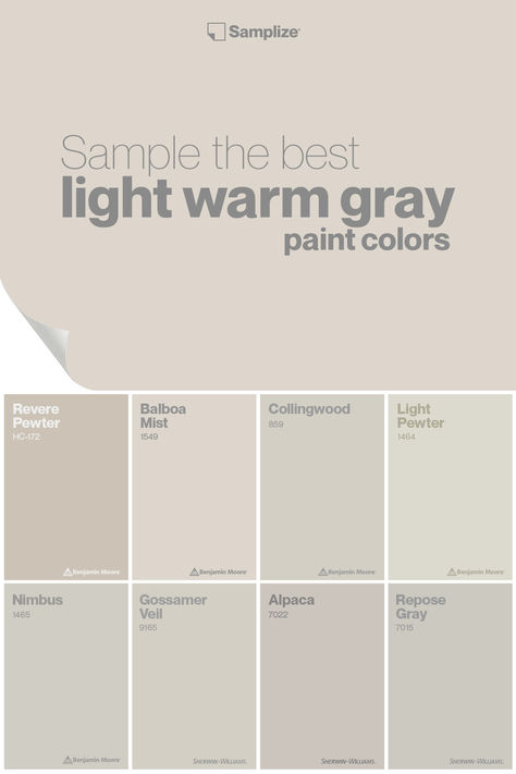 Sample the best light warm gray paint colors with Samplize for your next home project! Warm Gray Paint Colors, Bedroom Paint Colors Grey, Warm Grey Walls, Taupe Paint Colors, Light Gray Bedroom, Warm Grey Paint Colors, Warm Gray Paint, Light Grey Paint Colors, Gray Paint Colors