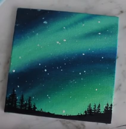 Northern Lights Mini Canvas, Mini Canvas Art Northern Lights, Aurora Night Sky Painting, Aurora Sky Painting, Arora Lights Paintings, Night Sky Canvas Painting Easy, Easy Aurora Painting, Arora Painting On Canvas, Aurora Borealis Painting Easy