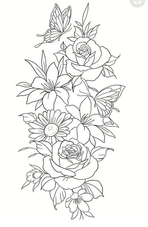 Floral Outline Tattoo, Ornament Tattoo, Aa Tattoos, Flower Tattoo Stencils, Tattoo Coloring Book, Floral Thigh Tattoos, Tattoo Outline Drawing, Flower Line Drawings, Tattoo Templates