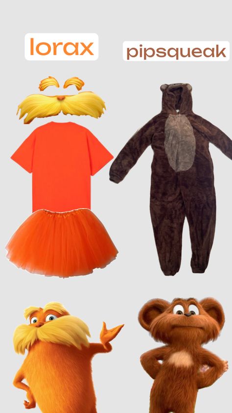 lorax + pipsqueak #outfitinspo #lorax #halloweeninspo Lorax Costume, Fun Halloween Outfits, Halloween Costum, Duo Halloween Costume Ideas, Cute Group Halloween Costumes, Matching Halloween Costumes, Classy Halloween Costumes, Bff Halloween Costumes, Book Day Costumes