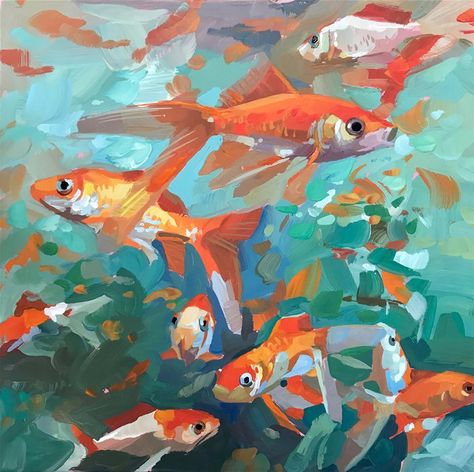 Original Fine Art By © Teddi Parker in the DailyPaintworks.com Fine Art Gallery Oil Painting Modern, Orange Fish, Fish Wall Art, 수채화 그림, Rush Hour, Arte Inspo, Fish Painting, Red Fish, Painting Art Projects