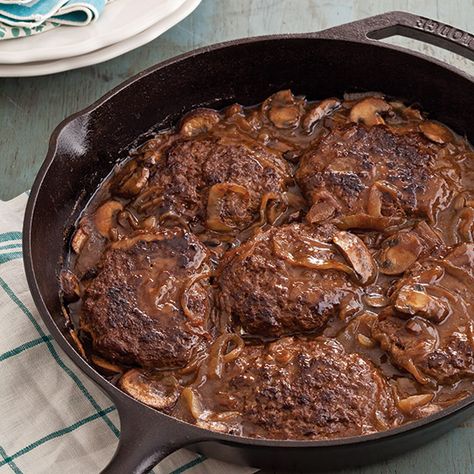 Let the sizzle of this hearty hamburger steak cooking in the skillet call your family to the dinner table. Hamburger Steak Recipes, Hamburger Steak And Gravy, Hamburger Steaks, Buttery Mashed Potatoes, Hearty Comfort Food, Steak And Mushrooms, Hamburger Steak, Salisbury Steak, Steak Dinner