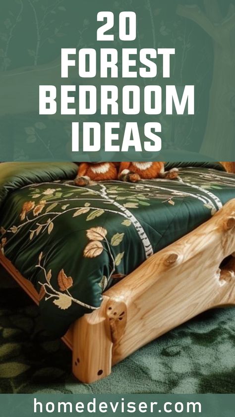 Breathe in the fresh air!  Transform your bedroom into a calming forest retreat with these 20 design ideas. From nature-inspired accents to enchanting murals, find your perfect escape. Dark Enchanted Forest Bedroom, Wildlife Bedroom Ideas, Forest Theme Bedroom Nature, Forest Decor Bedroom, Woodsy Bedroom Ideas, Enchanted Forest Bedroom Ideas, Diy Forest Decor, Wildlife Bedroom, Forest Theme Bedroom