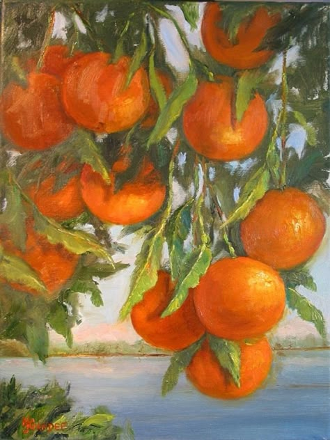 Fruit Paintings Aesthetic, Orange Branch Painting, Fruit Trees Painting, Orange Trees Painting, Painting Of An Orange, Painting Oranges Fruit, Fruits Oil Painting, Orange Painting Aesthetic, Oil Pastel Orange