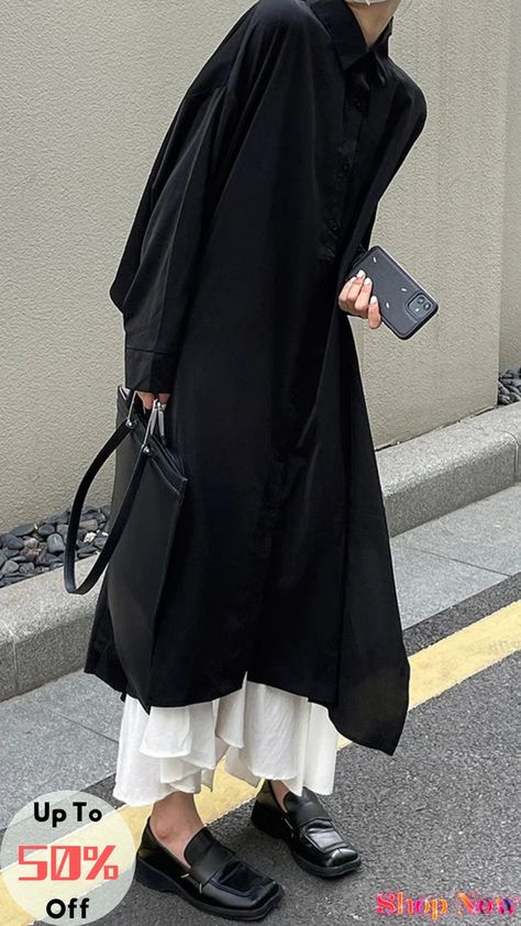 Cool Black Big Split Long Shirt & White Skirt Sets Treemingbird Outfits, Y2k Long Skirt, Casual Chiffon Dress, Black Sleeveless Midi Dress, Golden Hair, Floral Print Skirt, Funky Fashion, Skirt Sets, White Skirt