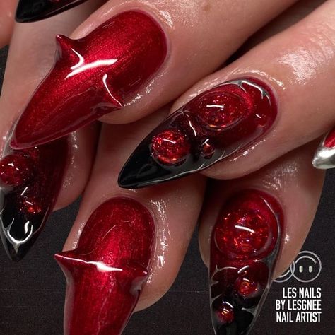 3d Red Nails, Burlesque Nails, Demon Nails, Evil Nails, Devil Nails, Ongles Goth, Nail Vibes, Bday Nails, Nail Art Halloween