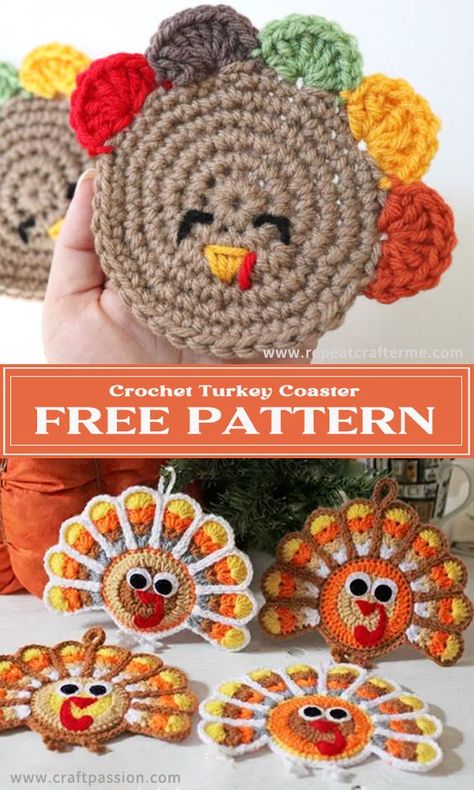 Crochet Turkey Coaster FREE Patterns - iGOODideas.com Thanksgiving Crafts For Adults, Thanksgiving Crochet Patterns, Crochet Turkey, Fun Thanksgiving Crafts, Thanksgiving Crochet, Crochet Pour Halloween, Fall Crochet Patterns, Confection Au Crochet, Crochet Coaster Pattern