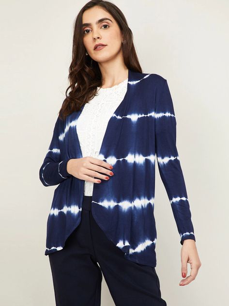 Buy CODE By Lifestyle Women Navy Blue & White Printed Open Front Shrug - Shrug for Women 14163062 | Myntra Diy Tie Dye Designs, Tie Dye Bedding, Shibori Designs, Tie Dye Cardigan, Tie Dye Crafts, How To Tie Dye, Tie Dye Diy, Tie Dye Cotton, Tie Dye Shirts