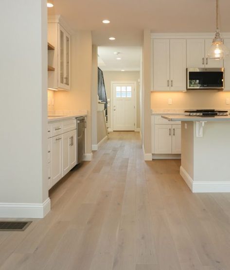 Basement Light Flooring, Neutral Floors And Walls, White Oak Floors With Cream Walls, Light Floors In Living Room, Wood Floor With White Cabinets, Simple Flooring Ideas, Wooden Flooring For Kitchen, Kitchen Ideas Light Floors, Living Room Designs Light Floor