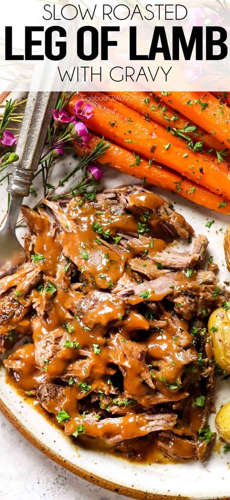 Slow Roast Leg of Lamb - Carlsbad Cravings Slow Roast Leg Of Lamb Bone In, Leg Of Lamb Recipes Bone In Slow Cooker, Leg Of Lamb Recipes Bone In, Lamb Gravy Recipe, Lamb Leg Slow Cooker, Lamb Roast Recipes, Slow Roast Lamb Leg, Slow Cooker Leg Of Lamb Recipe, Slow Cooked Lamb Leg