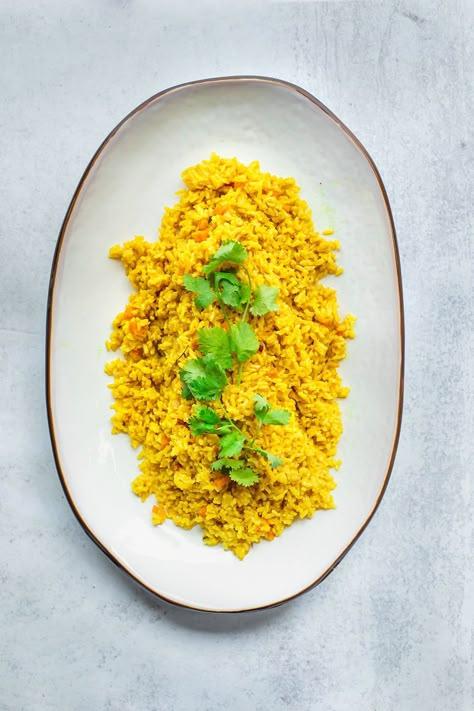 Turmeric Coconut Rice - Healthier Steps Coconut Turmeric Rice, Turmeric Rice, Spinach Rice, Vegan Rice, Rice Side, Rice Side Dishes, Vegan Sides, Seasoned Rice, Coconut Rice