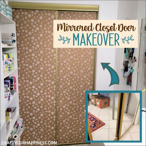 How to Cover Closet Door Mirrors Easily! Curtains Over Mirrored Closet Doors, Hide Mirrored Closet Doors, Sliding Mirror Door Makeover, Ideas To Cover Mirror Closet Doors, Mirrored Doors Makeover, Closet Mirror Doors Makeover, Covering Mirrored Closet Doors, How To Cover Mirror Closet Doors, Cover Mirror Closet Doors