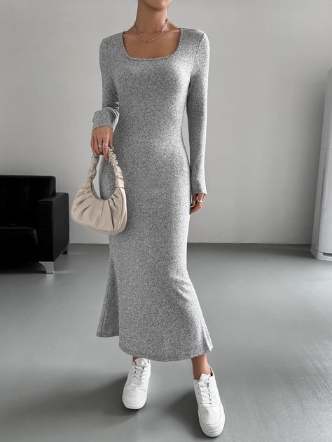 Grey Long Dress, Hem Dress, Women Dresses, Dress P, Square Neck, Long Dress, Bodycon Dress, Fashion Outfits, Womens Dresses