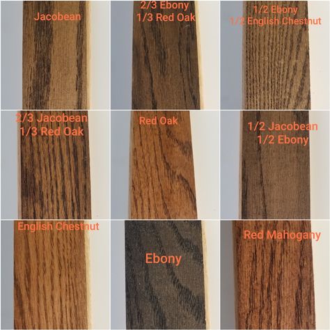 Ebony, Jacobean, English Chestnut, and Red Oak Wood Stain Mixes, Stain Mixes, English Chestnut Stain, Varathane Wood Stain, Red Oak Floors, 2024 Kitchen, Wood Stain, Oak Floors, Basement Ideas