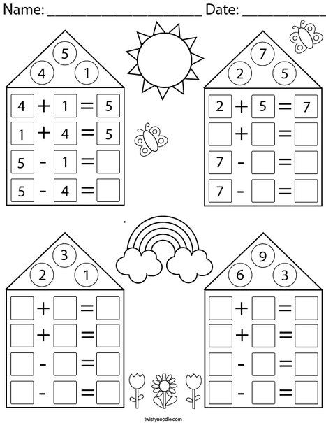 Addition/Subtraction Fact Family Houses Math Worksheet - Twisty Noodle Fact Families Kindergarten, Fact Families Addition And Subtraction, Fact Family Craft First Grade, Addition Facts Worksheets, Fact Family Activities 1st Grade, Fact Families First Grade, Fact Families Activities, Subtraction Facts Worksheet, Fact Families Multiplication