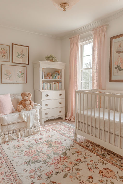 nursery decor, vintage nursery, nursery ideas, nursery, nursery design White And Light Pink Nursery, White Nursery With Pink Accents, Simple Elegant Nursery, New England Style Nursery, Nursery With Lots Of Windows, Nursery For Girls Ideas, Nursery Girls Room, Cute Girl Nursery Ideas, Nursery Ideas Baby Girl