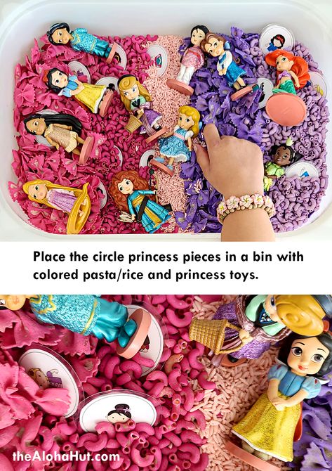 I spy a disney princess sensory bin with colored rice and colored pasta. Download our free disney princess activity page and playing a princess matching game while your toddler or preschool kids work on matching skills, hand eye coordination, and their fine motor skills. Lots of creative fun. #disneyprincess #disneyactivities #creativekids #sensorybin #princessthemedactivity #sensoryplay #sensorybin #coloredrice #actividades #toddleractivities #preschoolactivities Disney Themed Sensory Bin, Disney Messy Play, Fairytale Sensory Bin, Barbie Sensory Bin, Minnie Mouse Sensory Bin, Toy Story Sensory Bin, Disney Preschool Theme, Disney Sensory Bin, Princess Sensory Bin