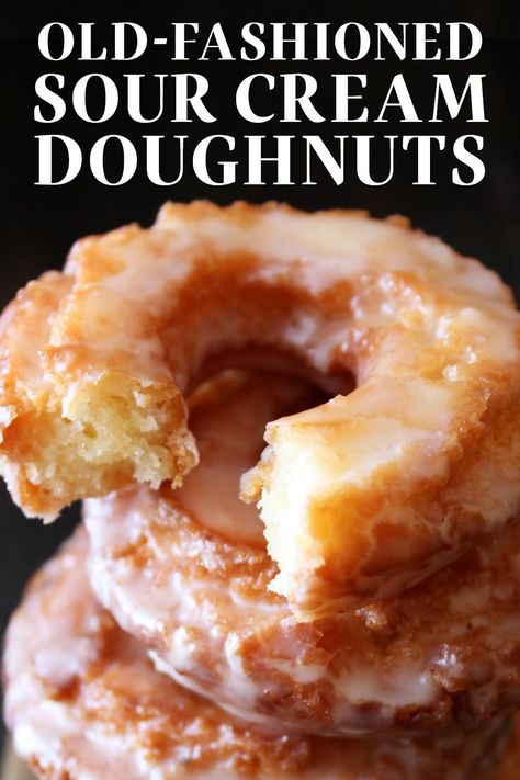 Homemade Old-Fashioned Sour Cream Doughnuts are coated in glaze and taste just like the cakey ones at your favorite bakery! No yeast makes this fried recipe simple. #oldfashioneddonut #sourcreamdoughnut Baked Old Fashioned Sour Cream Donut Recipe, Sour Cream Glazed Cake, Vanilla Glaze Donut, Glazed Cake Donut Recipe, Sour Cream Doughnut Recipe, Sour Cream Glazed Doughnut, Moist Cake Donut Recipe, Cake Flour Donut Recipe, How To Make Cake Donuts Easy Recipes