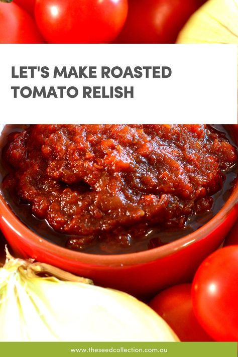 tomato relish in a bowl and raw tomatoes Tomato Relish Recipe, Relish Recipe, Tomato Relish, Relish Recipes, Tomato Chutney, Seed Collection, Roasted Tomato, Super Easy Recipes, Diced Onions