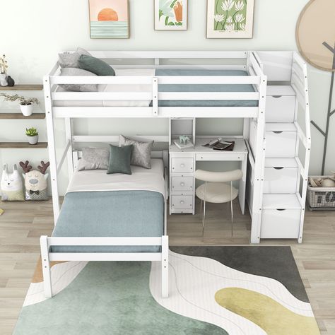 Teen Bunk Bed Ideas, Girls Room Bunk Beds, Teen Bunk Beds, Small Shared Bedroom, Pole Room, Boy And Girl Shared Bedroom, L Shaped Bunk Beds, Boys Bed, Storage Staircase