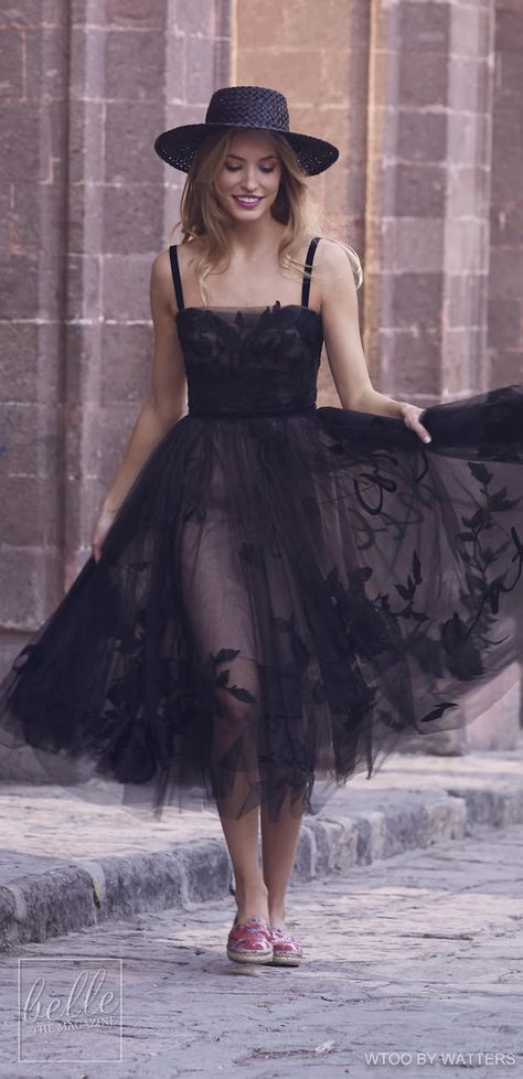 Wedding Dresses from Wtoo by Watters Fall 2018 Black Courthouse Wedding Dress, Black Short Wedding Dress, Black Wedding Dress Short, Short Black Wedding Dress, Punk Wedding Dress, Black Shorts Fashion, Wtoo By Watters, Black Tulle Dress, Second Dress