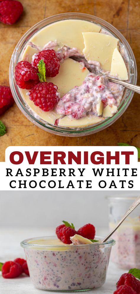 Raspberry Chocolate Overnight Oats, White Chocolate Raspberry Overnight Oats, Overnight Oats Recipe Raspberry, White Chocolate Oats, Overnight Oats White Chocolate, Uni Meal Prep, Best Overnight Oats Recipe Healthy, Christmas Overnight Oats, Summer Overnight Oats